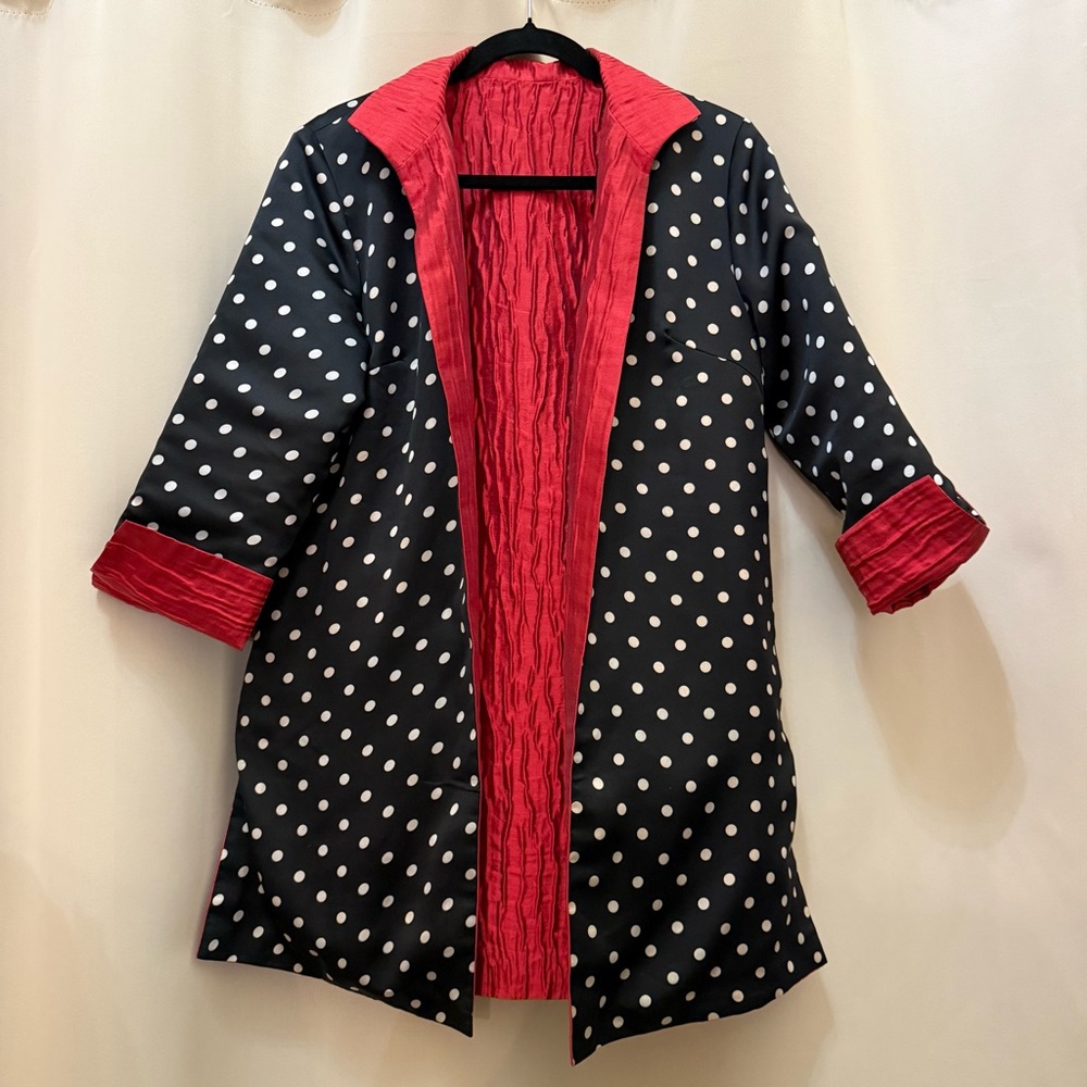 Saint Gil Paris Reversible Duster Coat Red Black Polka Dot Art Teacher Jacket - Picture 6 of 9